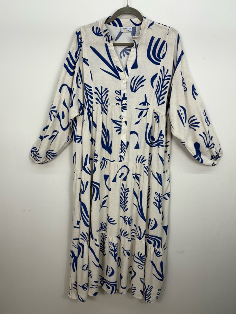 Maxi Midi Dress Off-White Blue Abstract Botanical Print Turkish S-M/fits US L-XL